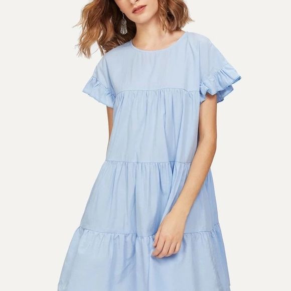 Tiered Baby Doll Dress, Ruffle Sleeves, Soft Blue, Effortless & Feminine… - Picture 2 of 9